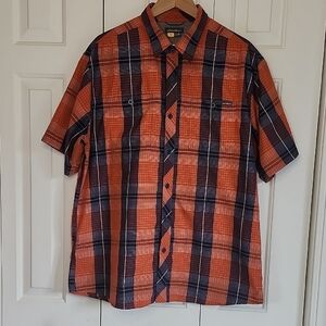 Eddie Bauer Men's Orange and Blue Plaid Short Sleeve Button Up Shirt Size XL